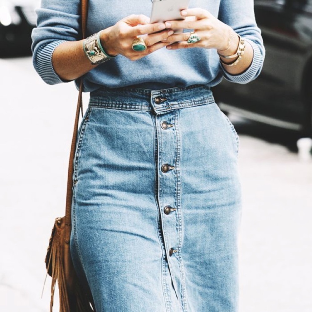 denim midi button up skirt